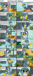 Size: 1282x2947 | Tagged: safe, derpibooru import, edit, edited screencap, screencap, gabby, gryphon, comic:celestia's servant interview, the fault in our cutie marks, caption, comic, cs captions, cute, female, gabbybetes, image, image macro, interview, png, ponyville, screencap comic, solo, text