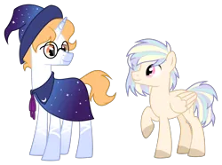 Size: 2600x1937 | Tagged: safe, artist:lambydwight, derpibooru import, oc, oc:aurelion, oc:vanilla spike, unofficial characters only, pegasus, pony, unicorn, cape, clothes, glasses, image, png, simple background, transparent background, vector