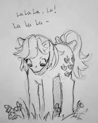 Size: 1641x2048 | Tagged: safe, artist:disc_02, derpibooru import, applejack (g1), earth pony, pony, female, flower, g1, grayscale, image, jpeg, looking down, mare, monochrome, solo, traditional art
