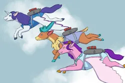 Size: 1095x730 | Tagged: safe, artist:mochimelonart, derpibooru import, pipp petals, rarity, velvet reindeer, alicorn, deer, reindeer, them's fightin' herds, alicornified, clothes, community related, female, flying, g5, image, jetpack, jpeg, leotard, pippcorn, race swap, raricorn, sky, sky background, spread wings, trio, trio female, wings