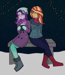 Size: 1874x2155 | Tagged: safe, artist:hayley566, derpibooru import, starlight glimmer, sunset shimmer, equestria girls, beanie, blushing, boots, chocolate, christmas, christmas lights, clothes, coat, cute, drink, duo, empathy cocoa, female, food, glimmerbetes, gloves, hat, holiday, hot chocolate, image, jacket, lesbian, png, scarf, shimmerbetes, shimmerglimmer, shipping, shoes, snow, sweater, winter outfit