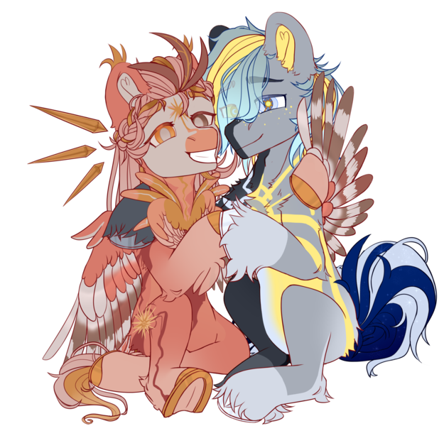 Size: 2500x2400 | Tagged: safe, artist:medkit, derpibooru import, oc, oc:obscure constellation, oc:vespera starshine, unofficial characters only, bird, earth pony, hybrid, parrot, pegasus, pony, derpibooru community collaboration, 2023 community collab, chest fluff, crescent moon, duo, eyes open, feather, feather tail, female, fluffy, four wings, freckles, hair over one eye, high res, hoof to hoof, horseshoes, hug, image, long mane, long tail, looking at you, male, mare, moon, multiple wings, paint tool sai 2, pigtails, png, raised hoof, simple background, sitting, sketch, smiling, spread wings, stallion, stars, sun, tail, tassels, teeth, transparent background, wings