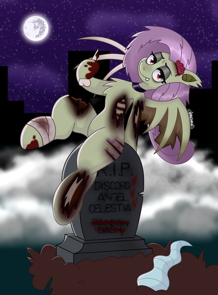 Size: 2960x4000 | Tagged: grimdark, artist:erichkaofficial, derpibooru import, fluttershy, bat pony, bandage, bat ponified, blood, bone, brain, commission, discord horn, flutterbat, fog, grave, gravestone, ground, horn, image, implied angel bunny, implied discord, implied princess celestia, implied rainbow dash, jpeg, looking at you, moon, night, organs, race swap, rest in peace, solo