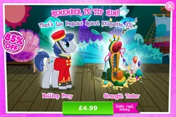 Size: 1957x1297 | Tagged: safe, derpibooru import, official, earth pony, pony, advertisement, balloon, bellhop, bellhop pony, bush, clothes, costs real money, english, gameloft, hat, image, jpeg, male, numbers, sale, solo, solo focus, stallion, text, welcome inn