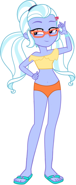 Size: 929x2255 | Tagged: safe, artist:ajosterio, derpibooru import, sugarcoat, equestria girls, belly button, bikini, bikini bottom, bikini top, clothes, feet, female, glasses, hairpin, image, legs, midriff, png, ponytails, sandals, simple background, smiling, solo, swimsuit, transparent background