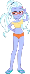 Size: 929x2255 | Tagged: safe, artist:ajosterio, derpibooru import, sugarcoat, equestria girls, belly button, bikini, bikini bottom, bikini top, clothes, feet, female, glasses, hairpin, image, legs, midriff, png, ponytails, sandals, simple background, smiling, solo, swimsuit, transparent background