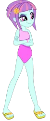 Size: 568x1360 | Tagged: safe, artist:ajosterio, derpibooru import, sunny flare, equestria girls, clothes, feet, female, hairpin, image, legs, png, raised eyebrow, sandals, simple background, sleeveless, smiling, solo, swimsuit, transparent background
