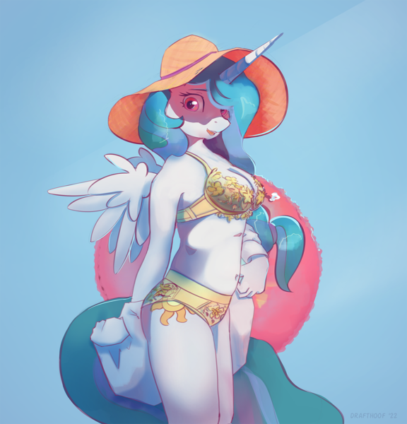 Size: 1300x1355 | Tagged: safe, artist:drafthoof, derpibooru import, princess celestia, anthro, beach, clothes, hat, image, png, sun hat, underwear