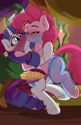Size: 2310x3570 | Tagged: suggestive, artist:kyokimute, derpibooru import, pinkie pie, rarity, earth pony, pony, unicorn, anklet, belly dancer outfit, bipedal, blushing, bracelet, candle, duo, eyes closed, eyeshadow, female, image, jewelry, kiss on the lips, kissing, lesbian, lipstick, makeup, mare, png, raripie, shipping, surprised