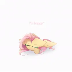 Size: 1024x1024 | Tagged: safe, artist:miryelis, derpibooru import, fluttershy, pegasus, pony, chibi, cute, eyes closed, image, jpeg, long hair, lying, shyabetes, simple background, solo, spread wings, text, white background, wings