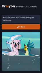 Size: 780x1336 | Tagged: safe, craiyon, dall·e mini, derpibooru import, machine learning generated, gallus, silverstream, classical hippogriff, gryphon, hippogriff, bubble, cursed image, duo, female, gallstream, image, male, png, shipping, straight, swimming, wat, water