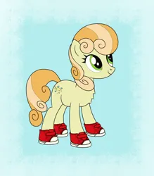 Size: 1824x2081 | Tagged: safe, artist:anonymous, junebug, earth pony, pony, clothes, cute, female, image, jpeg, mare, shoes, smiling, solo, standing