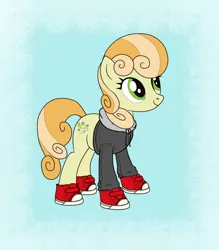Size: 1824x2081 | Tagged: safe, artist:anonymous, edit, junebug, earth pony, pony, clothes, cute, female, hoodie, image, mare, png, shoes, smiling, solo, standing