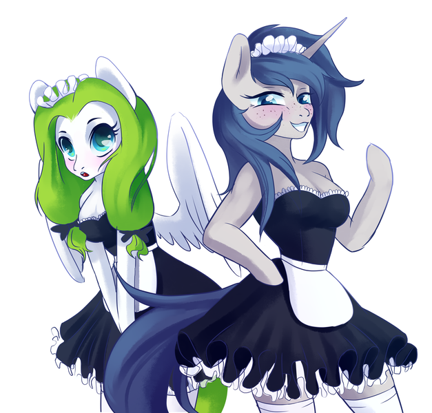 Size: 3688x3527 | Tagged: safe, artist:rvsbhrt, derpibooru import, oc, oc:lymon, oc:sky, unofficial characters only, anthro, pony, unicorn, blue eyes, clothes, female, green eyes, image, maid, mare, png, shy, smiling, socks