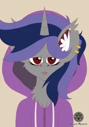 Size: 4961x7016 | Tagged: safe, artist:draconightmarenight, derpibooru import, oc, oc:dreaming star, pony, undead, unicorn, vampire, vampony, clothes, colored sketch, dark, ear piercing, earring, hoodie, image, jewelry, monthly reward, piercing, png, solo, vampicorn