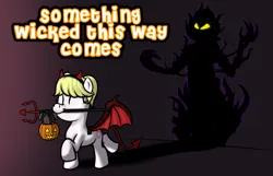 Size: 1966x1266 | Tagged: safe, artist:trash anon, ponybooru import, oc, oc:philia, unofficial characters only, demon, earth pony, pony, blonde, blonde mane, bucket, clothes, costume, devil horns, devil tail, earth pony oc, female, filly, foal, halloween, halloween costume, holiday, image, nightmare night, nightmare night costume, pigtails, pitchfork, plushie, png, pumpkin, pumpkin bucket, shadow, simple background, smiling, solo, text