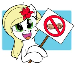 Size: 2710x2299 | Tagged: safe, artist:trash anon, ponybooru import, oc, oc:epithumia, unofficial characters only, earth pony, pony, blonde, blonde mane, earth pony oc, female, green eyes, holding a sign, image, looking at you, mare, no nut november, open mouth, open smile, peanut, png, sign, smiling, smiling at you, solo