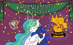 Size: 4207x2640 | Tagged: safe, artist:trash anon, ponybooru import, princess celestia, princess luna, alicorn, pony, /mlp/, 4chan, banner, confetti, duo, duo female, eyes closed, female, females only, happy, hug, image, magic, magic aura, mare, miss /mlp/, miss /mlp/ 2022, png, siblings, simple background, sisters, sparkles, telekinesis, trophy, winghug, winner