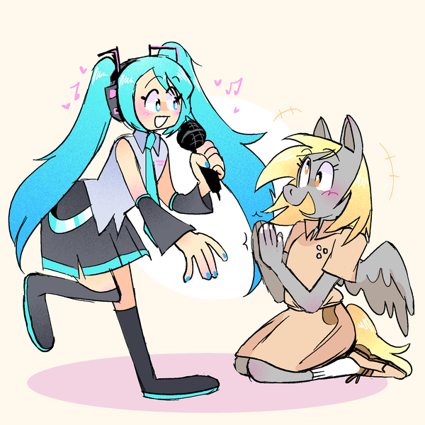 Size: 2000x2000 | Tagged: safe, artist:stevetwisp, derpibooru import, derpy hooves, anthro, human, pegasus, plantigrade anthro, blushing, boots, clapping, clothes, cute, derpabetes, dress, happy, hatsune miku, headphones, image, microphone, nail polish, necktie, pigtails, png, shoes, singing, skirt, smiling, socks, twintails, vocaloid