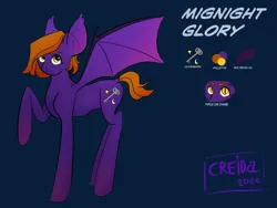 Size: 1600x1200 | Tagged: safe, artist:creida, derpibooru import, oc, oc:midnight glory, bat pony, bat pony oc, bat wings, colored wings, cutie mark, gradient background, gradient hooves, gradient mane, gradient tail, gradient wings, image, png, reference sheet, simple background, tail, wings