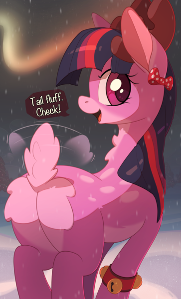 Size: 3024x5000 | Tagged: safe, artist:nookprint, derpibooru import, twilight sparkle, deer, reindeer, bow, bracelet, butt, deerlight sparkle, image, jewelry, looking at you, open mouth, plot, png, rear view, reindeerified, solo, species swap, tail, tail wiggle, twibutt