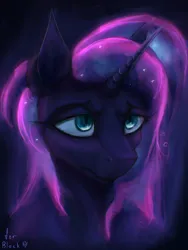 Size: 1536x2048 | Tagged: safe, artist:motley_ad, derpibooru import, princess luna, alicorn, pony, bust, dark skin, horn, image, night, png, portrait, simple background, solo