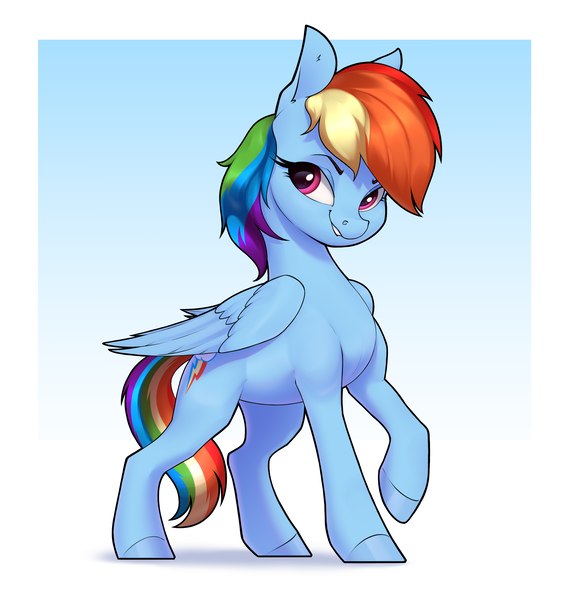 Size: 2800x2950 | Tagged: safe, artist:aquaticvibes, derpibooru import, rainbow dash, pegasus, pony, blue background, folded wings, image, looking sideways, one hoof raised, png, simple background, smiling, solo, white background, wings