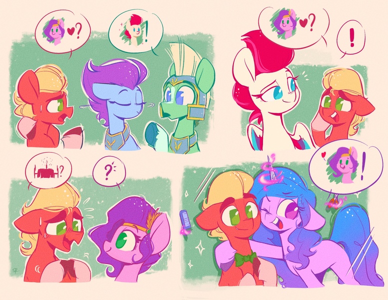 Size: 2200x1700 | Tagged: safe, artist:scribble-potato, derpibooru import, izzy moonbow, pipp petals, sprout cloverleaf, zipp storm, pegasus, pony, unicorn, 4 panel comic, alternate hairstyle, comic, dating, eyes closed, g5, image, jpeg, one eye closed, open mouth, speech bubble, sweat, sweatdrops, thunder (g5), zoom zephyrwing