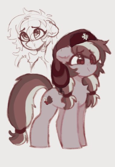 Size: 382x554 | Tagged: safe, artist:flixanoa, derpibooru import, oc, oc:lingonberry frost, unofficial characters only, pony, taiga pony, eye clipping through hair, female, hairband, hat, image, jpeg, mare, monochrome, simple background, solo