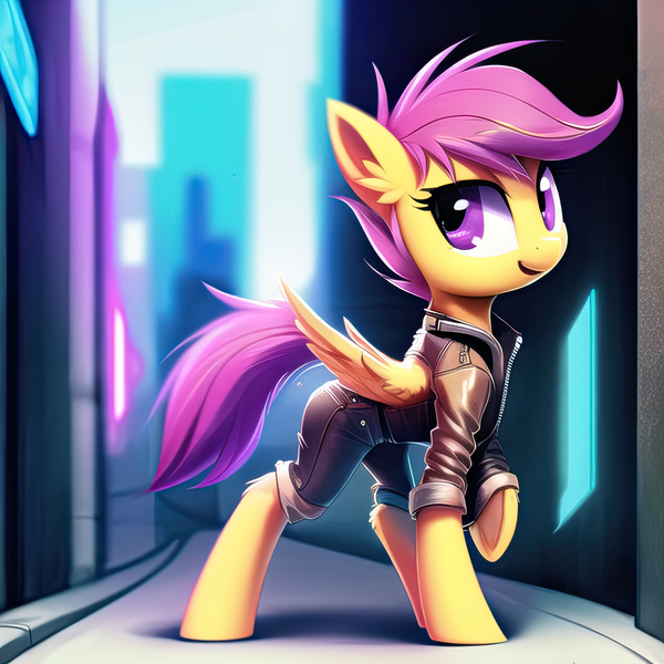 Size: 1280x1280 | Tagged: safe, derpibooru import, editor:r-tex1241, machine learning generated, novelai, stable diffusion, scootaloo, pegasus, pony, city, clothes, cyberpunk, denim, denim shorts, image, jacket, jeans, leather, leather jacket, pants, png, shorts, solo, street, walking, wings