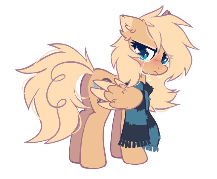 Size: 1300x1074 | Tagged: safe, artist:mirtash, derpibooru import, oc, oc:mirta whoowlms, unofficial characters only, pegasus, pony, clothes, colored wings, colored wingtips, crying, ear fluff, floppy ears, image, jpeg, looking at you, looking back, looking back at you, sad, scarf, simple background, solo, striped scarf, teary eyes, white background, wings