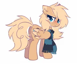 Size: 1300x1074 | Tagged: safe, artist:mirtash, derpibooru import, oc, oc:mirta whoowlms, unofficial characters only, pegasus, pony, clothes, colored wings, colored wingtips, crying, ear fluff, floppy ears, image, jpeg, looking at you, looking back, looking back at you, sad, scarf, simple background, solo, striped scarf, teary eyes, white background, wings
