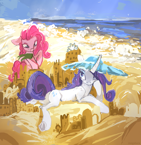 Size: 1280x1312 | Tagged: safe, artist:megalura, derpibooru import, pinkie pie, rarity, earth pony, pony, unicorn, beach, duo, female, hat, image, lying down, mare, ocean, png, sandcastle, underhoof, water