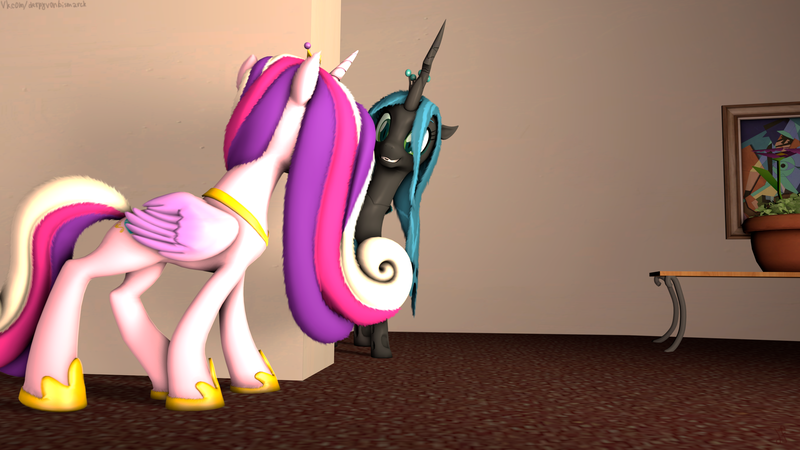 Size: 3840x2160 | Tagged: safe, artist:derpy_fan, derpibooru import, princess cadance, queen chrysalis, alicorn, changeling, pony, 3d, duo, female, image, mare, png, smiling, source filmmaker
