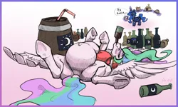 Size: 2500x1500 | Tagged: suggestive, artist:danton-y17, derpibooru import, princess celestia, princess luna, alicorn, pony, abstract background, alcohol, barrel, belly, belly button, belly inflation, big belly, booze, bottle, cake, drunk, eyes closed, food, image, lying down, on back, outie belly button, png, spread legs, spread wings, spreading, wings