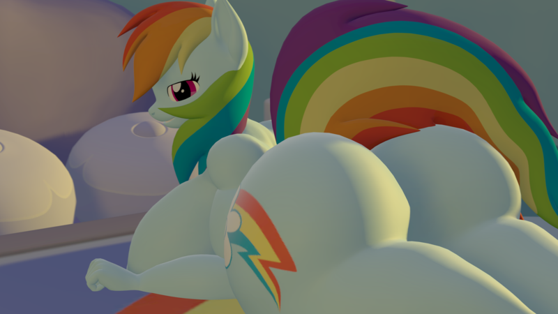 Size: 7111x4000 | Tagged: questionable, artist:acid flask, derpibooru import, rainbow dash, anthro, pegasus, 3d, absurd resolution, bed, bedroom eyes, big breasts, breasts, buff, busty rainbow dash, butt, cheeks, derpibooru exclusive, female, grin, high res, huge breasts, huge butt, image, impossibly large breasts, impossibly large butt, large butt, long hair, looking at you, lying down, morning, multicolored hair, muscles, nudity, png, prone, rainbow dash's bedroom, rainbow dash's house, rainbow hair, rainbow tail, rainbutt dash, revamped anthros, sexy, smiling, source filmmaker, stupid sexy rainbow dash, tail, the ass was fat, wingless, wingless anthro