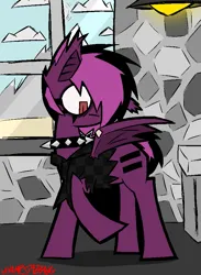 Size: 683x932 | Tagged: safe, artist:xxv4mp_g4z3rxx, derpibooru import, oc, oc:violet valium, unofficial characters only, bat pony, pony, bat pony oc, bat wings, clothes, cloud, collar, counter, desaturated, emo, equal cutie mark, eyeliner, hoodie, image, lamp, makeup, mountain, our town, partially open wings, png, red eyes, spiked collar, sun, two toned mane, window, wings