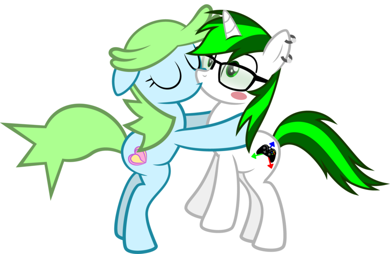 Size: 3962x2588 | Tagged: safe, artist:akakun, derpibooru import, oc, oc:greenish fury, oc:smiley beam, unofficial characters only, earth pony, unicorn, derpibooru community collaboration, 2023 community collab, blushing, image, kissing, png, simple background, transparent background
