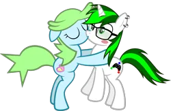 Size: 3962x2588 | Tagged: safe, artist:akakun, derpibooru import, oc, oc:greenish fury, oc:smiley beam, unofficial characters only, earth pony, unicorn, derpibooru community collaboration, 2023 community collab, blushing, image, kissing, png, simple background, transparent background