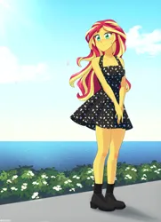 Size: 580x800 | Tagged: safe, artist:riouku, derpibooru import, sunset shimmer, bird, seagull, equestria girls, blushing, boots, bush, clothes, cloud, cute, dress, female, flower, image, jpeg, ocean, shimmerbetes, shoes, sky, socks, solo, sundress, water