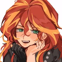 Size: 400x400 | Tagged: artist needed, source needed, safe, derpibooru import, sunset shimmer, equestria girls, clothes, fangs, gloves, image, jacket, jpeg, leather, leather jacket, looking at you, smiling, solo
