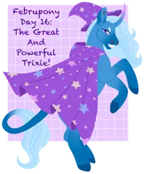 Size: 1280x1547 | Tagged: safe, artist:s0ftserve, derpibooru import, trixie, pony, alternate design, cape, clothes, curved horn, februpony, gradient horn, grinning at you, hat, horn, image, leonine tail, png, purple background, rearing, simple background, solo, trixie's cape, trixie's hat