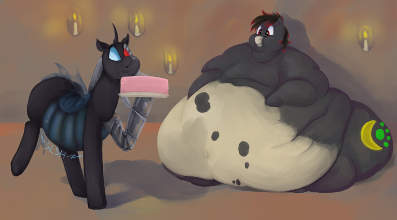 Size: 3500x1940 | Tagged: questionable, artist:lupin quill, derpibooru import, oc, oc:moonwing, unofficial characters only, bat pony, changeling, amputee, bat pony oc, bat wings, belly, belly button, bhm, big belly, bingo wings, butt, cake, candle, changeling oc, changeling overfeeding, chubby cheeks, chunkling, fat, fat fetish, fetish, food, image, large butt, lineless, morbidly obese, near immobile, obese, onomatopoeia, plot, png, prosthetic eye, prosthetic limb, prosthetics, red and black mane, red and black oc, rolls of fat, stomach noise, weight gain, wings