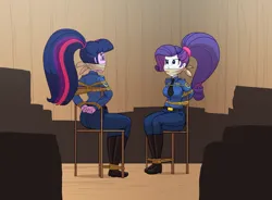 Size: 5754x4243 | Tagged: safe, artist:carnifex, derpibooru import, rarity, twilight sparkle, bondage, gag, image, png, police, tied to chair