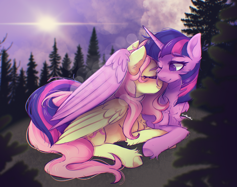 Size: 3500x2760 | Tagged: safe, artist:yumkandie, derpibooru import, fluttershy, twilight sparkle, twilight sparkle (alicorn), alicorn, pegasus, pony, chest fluff, cuddling, ear fluff, female, forest, freckles, image, lesbian, png, shipping, tree, twishy