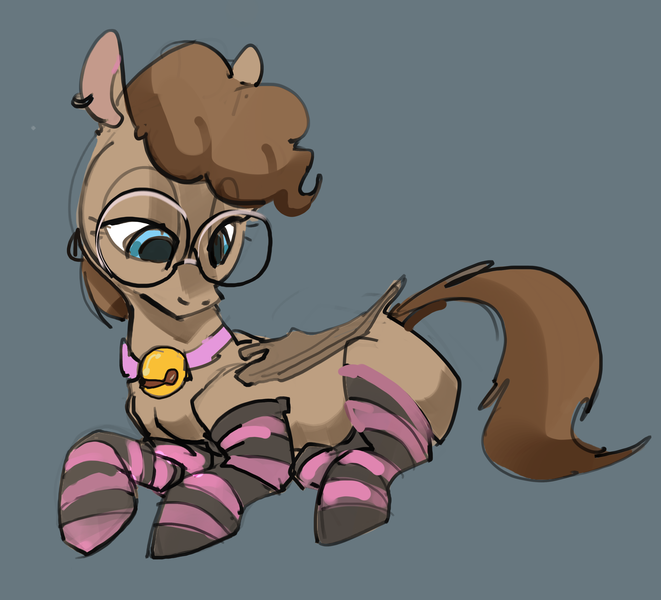 Size: 3022x2742 | Tagged: safe, artist:alumx, derpibooru import, oc, oc:somber gale, unofficial characters only, bat pony, pony, bat pony oc, bat wings, bell, bell collar, blank flank, blue eyes, clothes, collar, ear piercing, earring, female, glasses, gray background, image, jewelry, looking down, lying down, mare, piercing, png, prone, round glasses, simple background, sketch, socks, solo, solo female, striped socks, wings