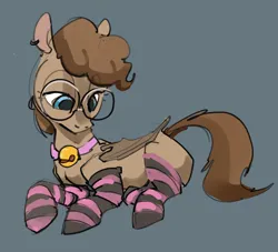 Size: 3022x2742 | Tagged: safe, artist:alumx, derpibooru import, oc, oc:somber gale, unofficial characters only, bat pony, pony, bat pony oc, bat wings, bell, bell collar, blank flank, blue eyes, clothes, collar, ear piercing, earring, female, glasses, gray background, image, jewelry, looking down, lying down, mare, piercing, png, prone, round glasses, simple background, sketch, socks, solo, solo female, striped socks, wings