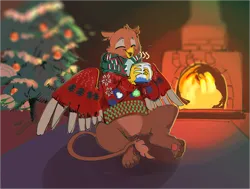 Size: 4653x3521 | Tagged: safe, artist:alumx, derpibooru import, oc, oc:gunther steele, unofficial characters only, gryphon, christmas, christmas tree, clothes, fire, fireplace, high res, holiday, image, mug, png, scarf, solo, sweater, tree, wing sweater