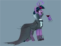 Size: 4173x3210 | Tagged: safe, artist:alumx, derpibooru import, twilight sparkle, alicorn, bat pony, bat pony alicorn, pony, bat ponified, bat wings, bowtie, cloak, clothes, collar, fangs, female, glass, gray background, hand, horn, image, magic, magic hands, mare, open mouth, open smile, png, race swap, simple background, smiling, solo, twibat, wine glass, wings