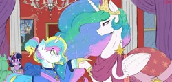 Size: 2163x1027 | Tagged: safe, artist:thelunarmoon, derpibooru import, princess celestia, twilight sparkle, oc, alicorn, pony, unicorn, the last problem, clothes, colored, coronation dress, crown, dancing, dress, female, glasses, grin, image, jewelry, jpeg, male, mare, mother and child, mother and son, parent:princess celestia, regalia, second coronation dress, sketch, smiling, sparkly mane, stallion, traditional art